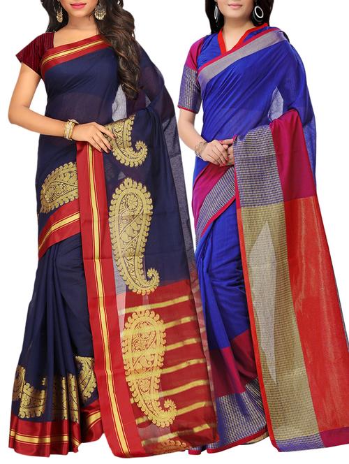 set of 2 zari bordered saree with blouse - 15484296 - Very Small Image - 1