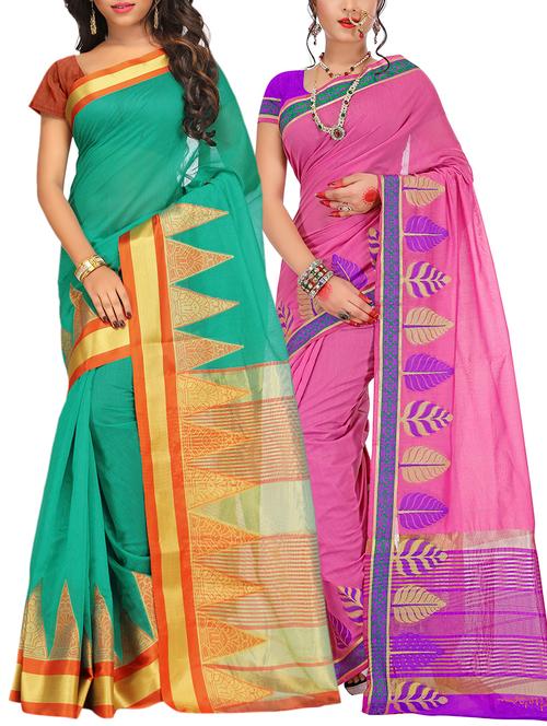 set of 2 zari bordered saree with blouse - 15484316 - Very Small Image - 1