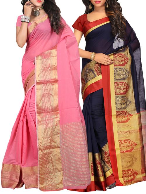 set of 2 zari bordered saree with blouse - 15484320 - Very Small Image - 1