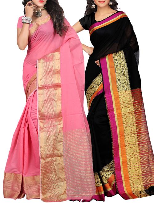 set of 2 zari bordered saree with blouse - 15484322 - Very Small Image - 1