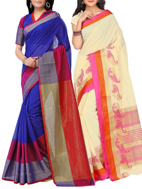 set of 2 zari bordered saree with blouse - 15484328 - Very Small Image - 1
