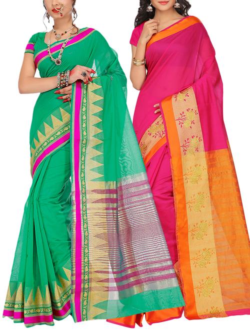 set of 2 zari bordered saree with blouse - 15484338 - Very Small Image - 1