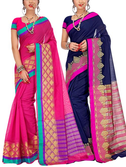 set of 2 zari bordered saree with blouse - 15484342 - Very Small Image - 1