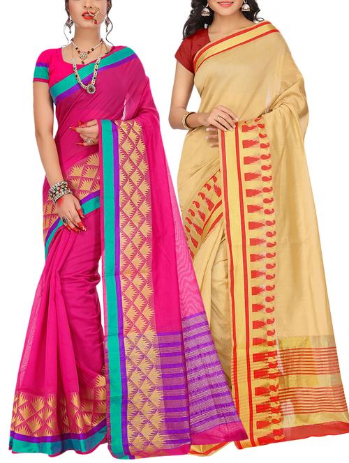 set of 2 zari bordered saree with blouse - 15484344 - Very Small Image - 1
