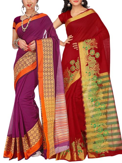 set of 2 zari bordered saree with blouse - 15484350 - Very Small Image - 1
