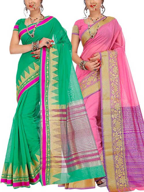 set of 2 zari bordered saree with blouse - 15484354 - Very Small Image - 1