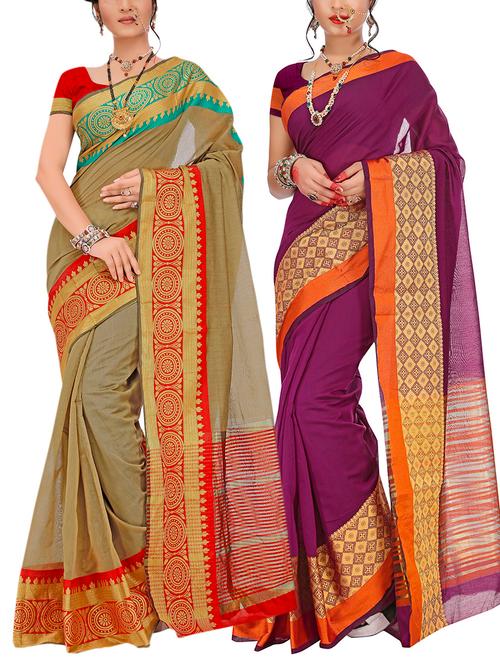 set of 2 zari bordered saree with blouse - 15484384 - Very Small Image - 1