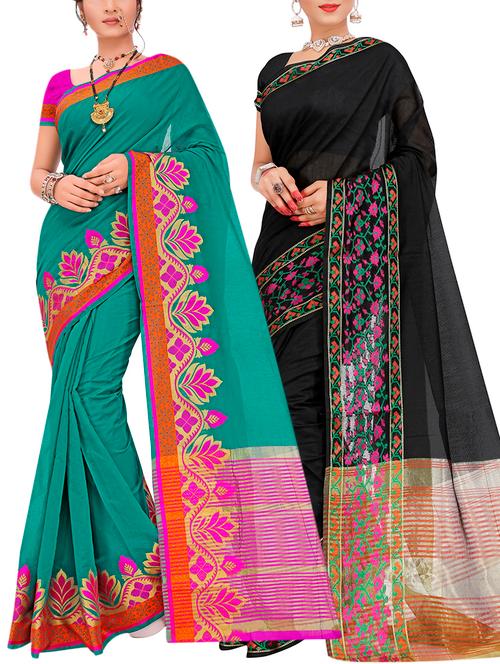 set of 2 zari bordered saree with blouse - 15484388 - Very Small Image - 1
