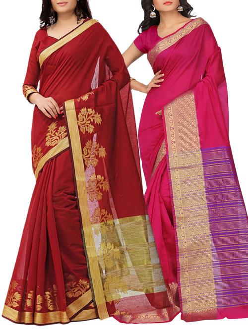set of 2 zari bordered saree with blouse - 15484392 - Very Small Image - 1