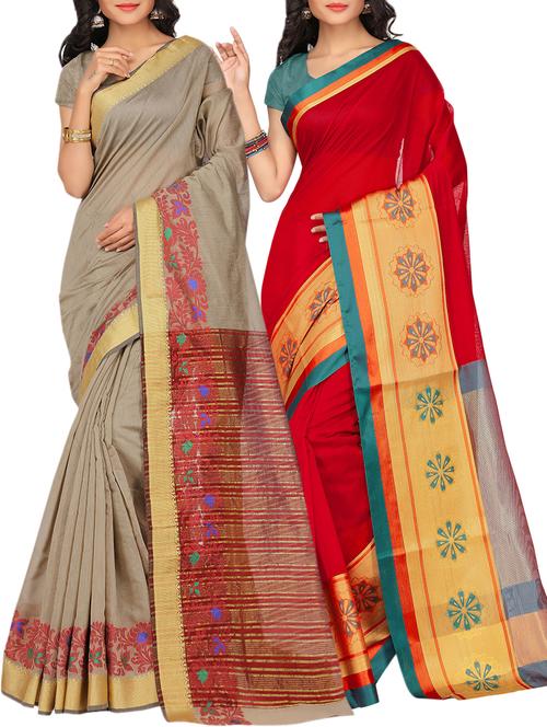 set of 2 zari bordered saree with blouse - 15484396 - Very Small Image - 1