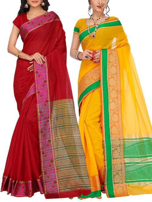 set of 2 zari bordered saree with blouse - 15484400 - Very Small Image - 1