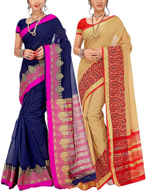 set of 2 zari bordered saree with blouse - 15484406 - Very Small Image - 1