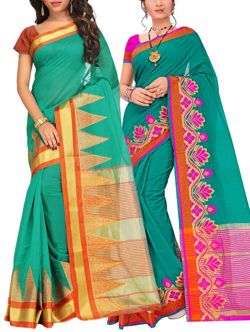 set of 2 zari bordered saree with blouse - 15484416 - Very Small Image - 1