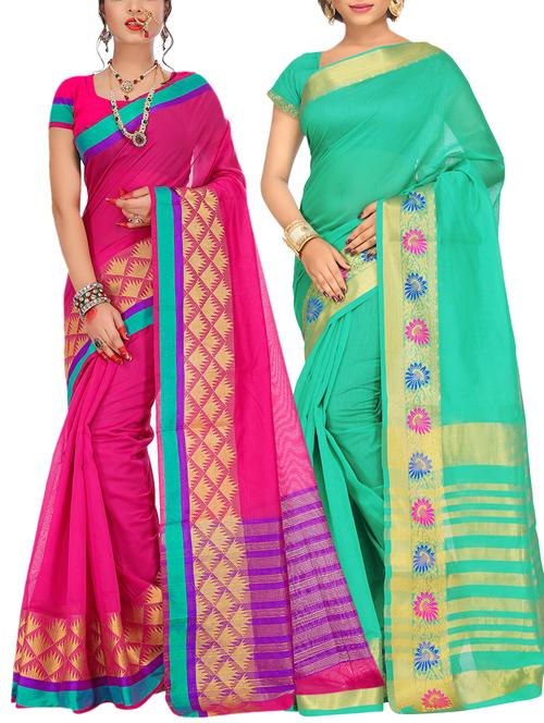 set of 2 zari bordered saree with blouse - 15484428 - Very Small Image - 1