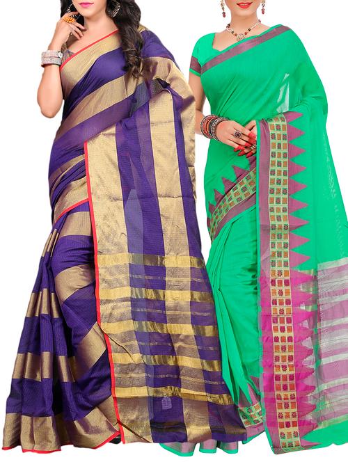 set of 2 zari bordered saree with blouse - 15484430 - Very Small Image - 1