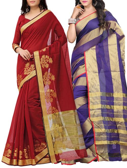 set of 2 zari bordered saree with blouse - 15484440 - Very Small Image - 1
