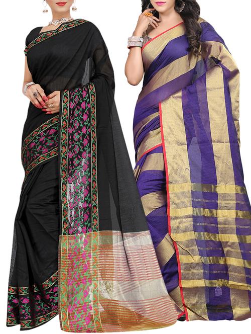 set of 2 zari bordered saree with blouse - 15484444 - Very Small Image - 1