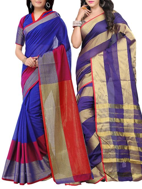 set of 2 zari bordered saree with blouse - 15484446 - Very Small Image - 1
