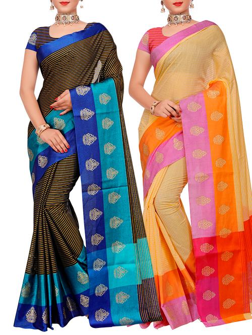 set of 2 zari bordered saree with blouse - 15484457 - Very Small Image - 1