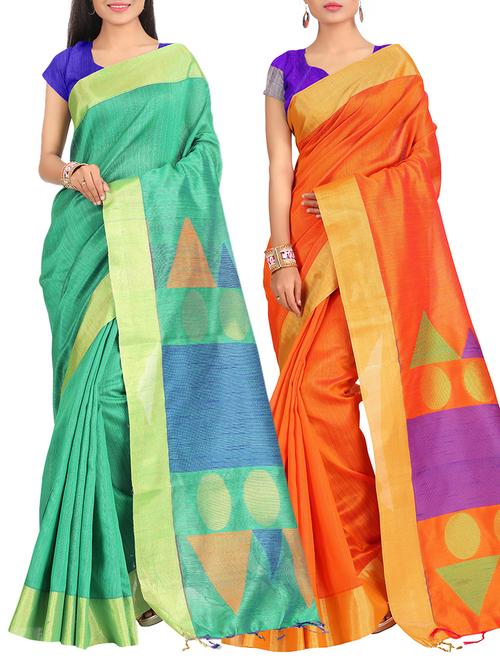 set of 2 zari bordered saree with blouse - 15484464 - Very Small Image - 1