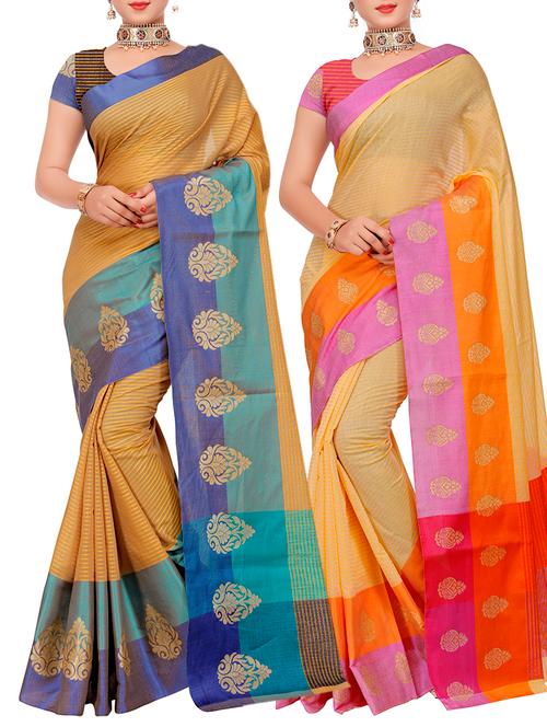 set of 2 zari bordered saree with blouse - 15484479 - Very Small Image - 1