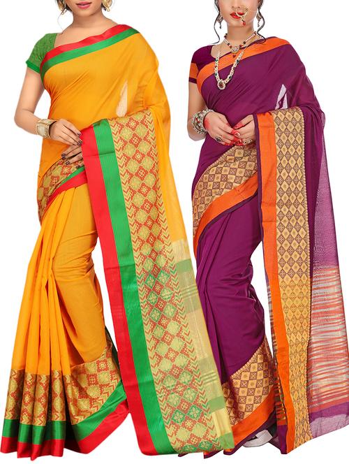 set of 2 zari bordered saree with blouse - 15484497 - Very Small Image - 1