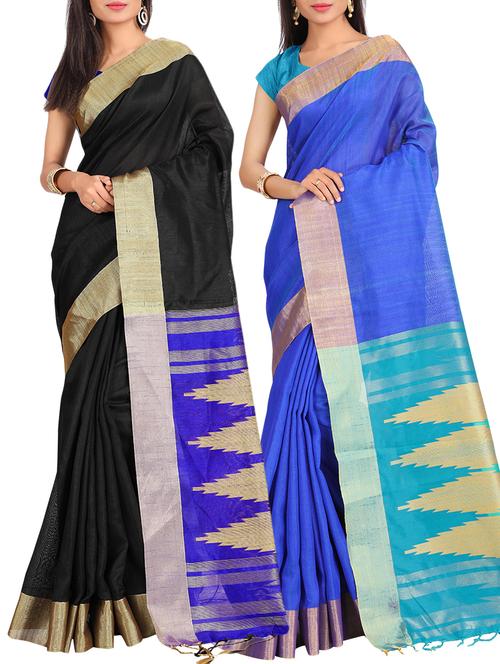 set of 2 zari bordered saree with blouse - 15484498 - Very Small Image - 1