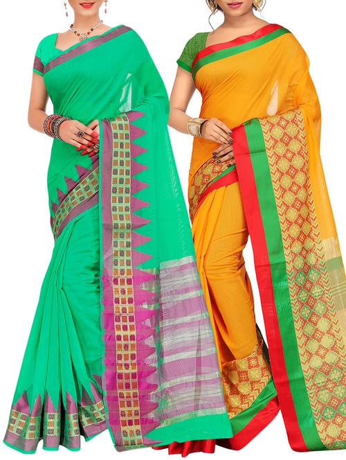set of 2 zari bordered saree with blouse - 15484499 - Very Small Image - 1
