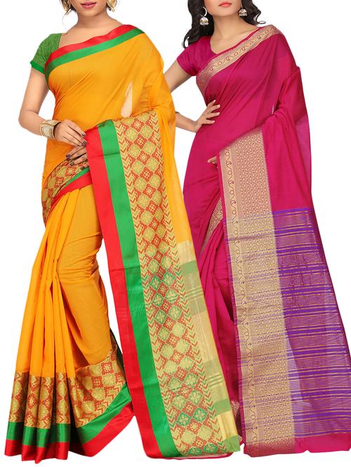 set of 2 zari bordered saree with blouse - 15484503 - Very Small Image - 1