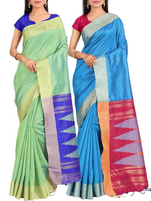 set of 2 zari bordered saree with blouse - 15484506 - Very Small Image - 1