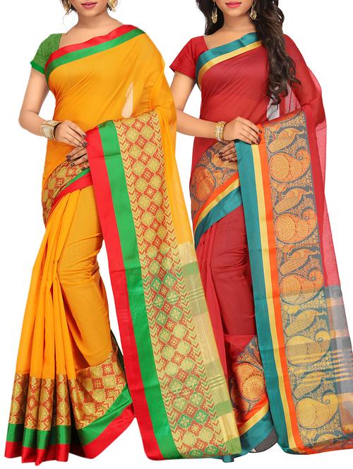 set of 2 zari bordered saree with blouse - 15484511 - Very Small Image - 1