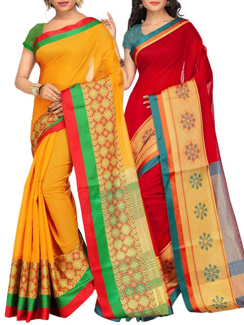 set of 2 zari bordered saree with blouse - 15484520 - Very Small Image - 1