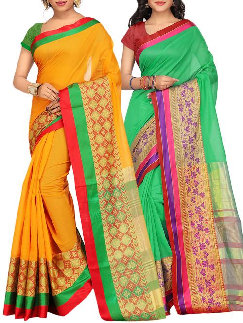set of 2 zari bordered saree with blouse - 15484521 - Very Small Image - 1