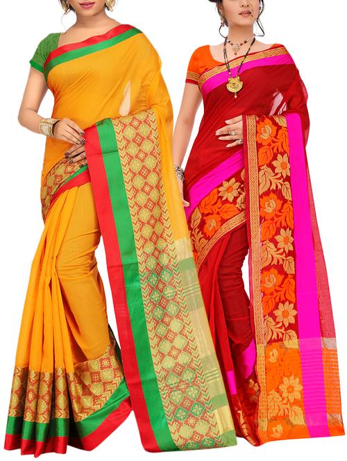 set of 2 zari bordered saree with blouse - 15484529 - Very Small Image - 1