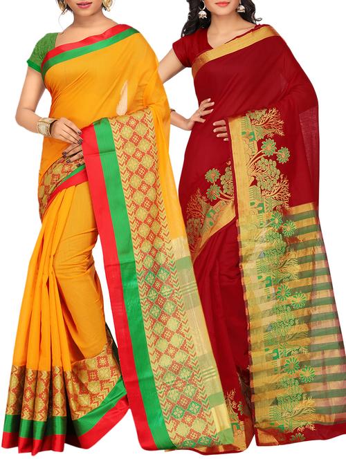 set of 2 zari bordered saree with blouse - 15484532 - Very Small Image - 1