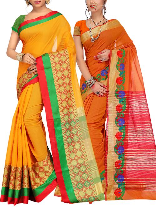 set of 2 zari bordered saree with blouse - 15484533 - Very Small Image - 1
