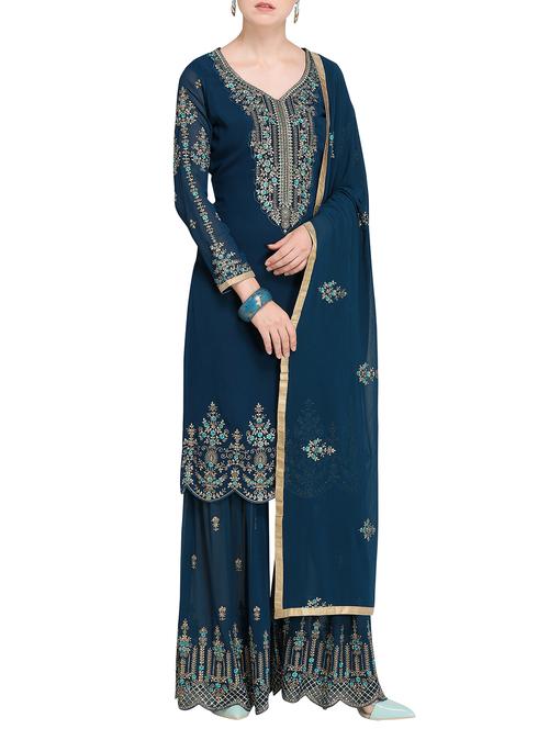 contrast floral embroidered sharara suit - 15485428 - Very Small Image - 1