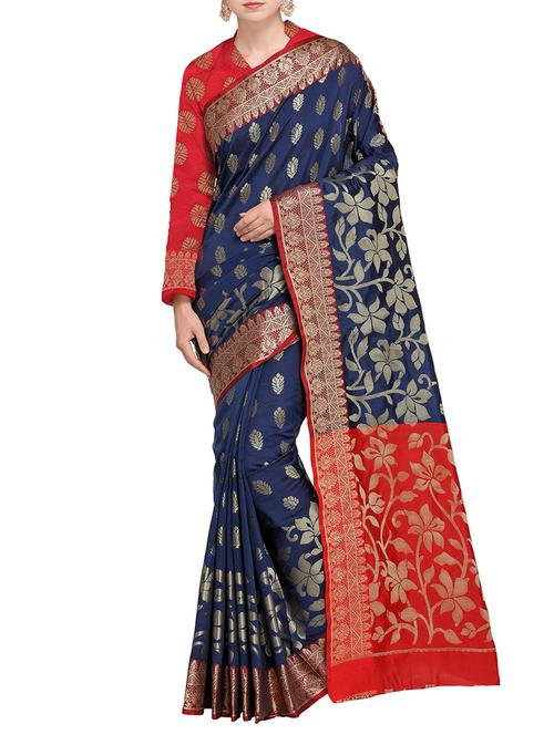 contrast floral pallu banarasi saree with blouse - 15485779 - Very Small Image - 1