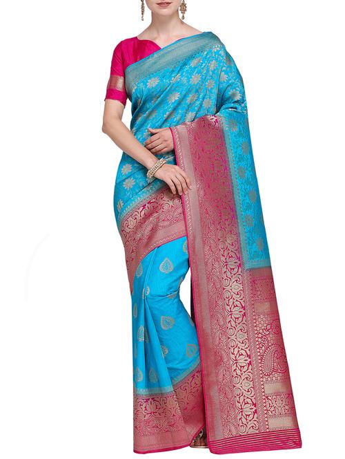 contrast zari pallu banarasi saree with blouse - 15485790 - Very Small Image - 1