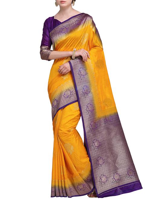 contrast zari pallu banarasi saree with blouse - 15485796 - Very Small Image - 1