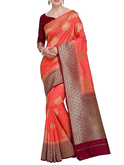 contrast zari pallu banarasi saree with blouse - 15485797 - Very Small Image - 1
