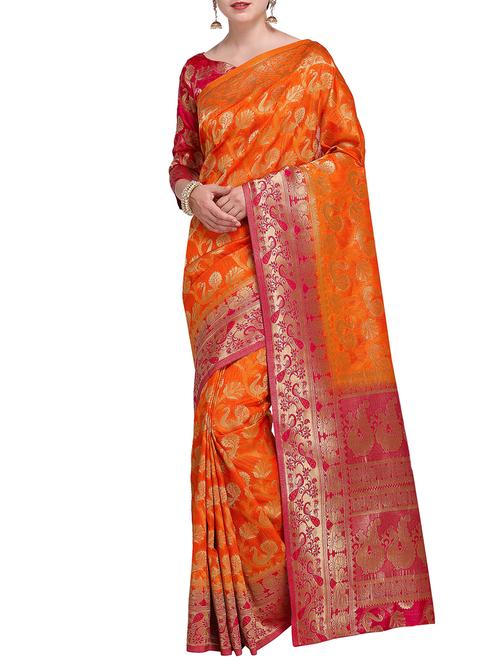 contrast pallu conversational banarasi saree with blouse - 15485802 - Very Small Image - 1