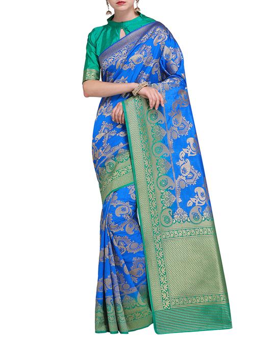 contrast pallu paisley banarasi saree with blouse - 15485803 - Very Small Image - 1
