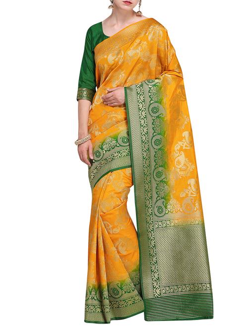 contrast pallu paisley banarasi saree with blouse - 15485804 - Very Small Image - 1