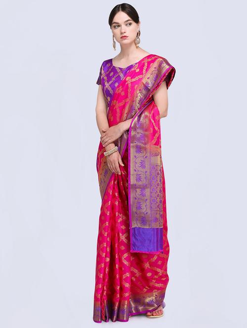 contrast zari pallu banarasi saree with blouse - 15485807 - Very Small Image - 1