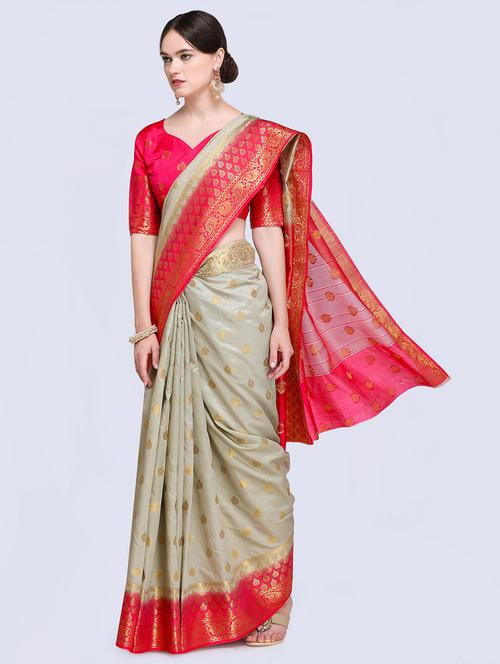 contrast zari pallu banarasi saree with blouse - 15485808 - Very Small Image - 1