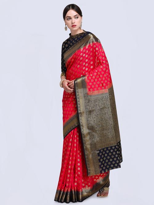 contrast zari pallu banarasi saree with blouse - 15485820 - Very Small Image - 1