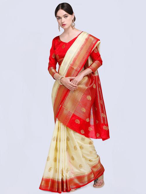 contrast zari pallu banarasi saree with blouse - 15485824 - Very Small Image - 1