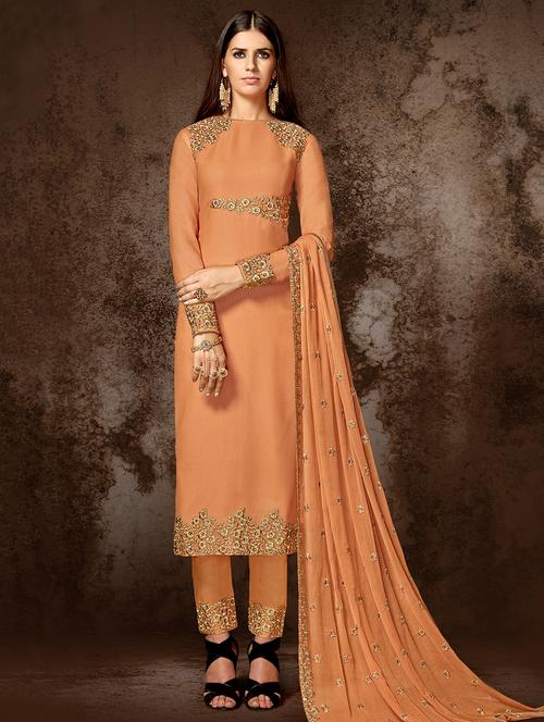 embroidered semi-stitched straight pant suit - 15486651 - Very Small Image - 1