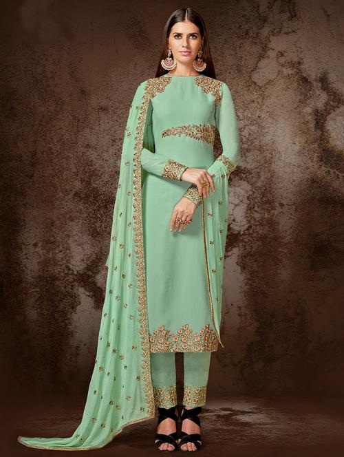 embroidered semi-stitched straight pant suit - 15486652 - Very Small Image - 1